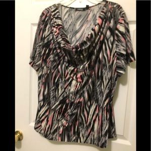 Short sleeved gray and pink top with cowl neck.